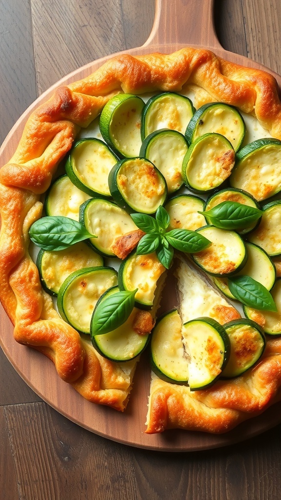 Savory zucchini tart with golden crust and fresh basil, served on a wooden table.